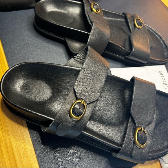 NWT Liberté Amalfi Black Leather Double-Strap Women's Slide Sandals - Picture 3 of 6